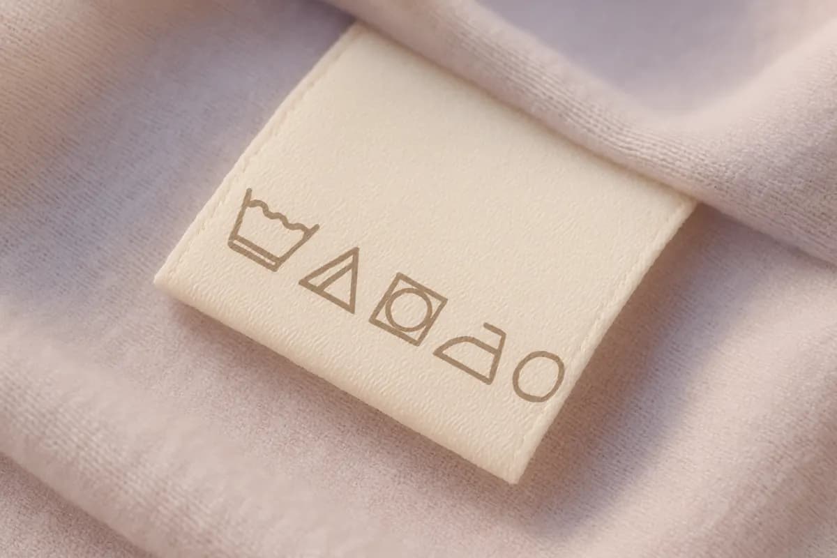 Detail textilní visačky se symboly praní