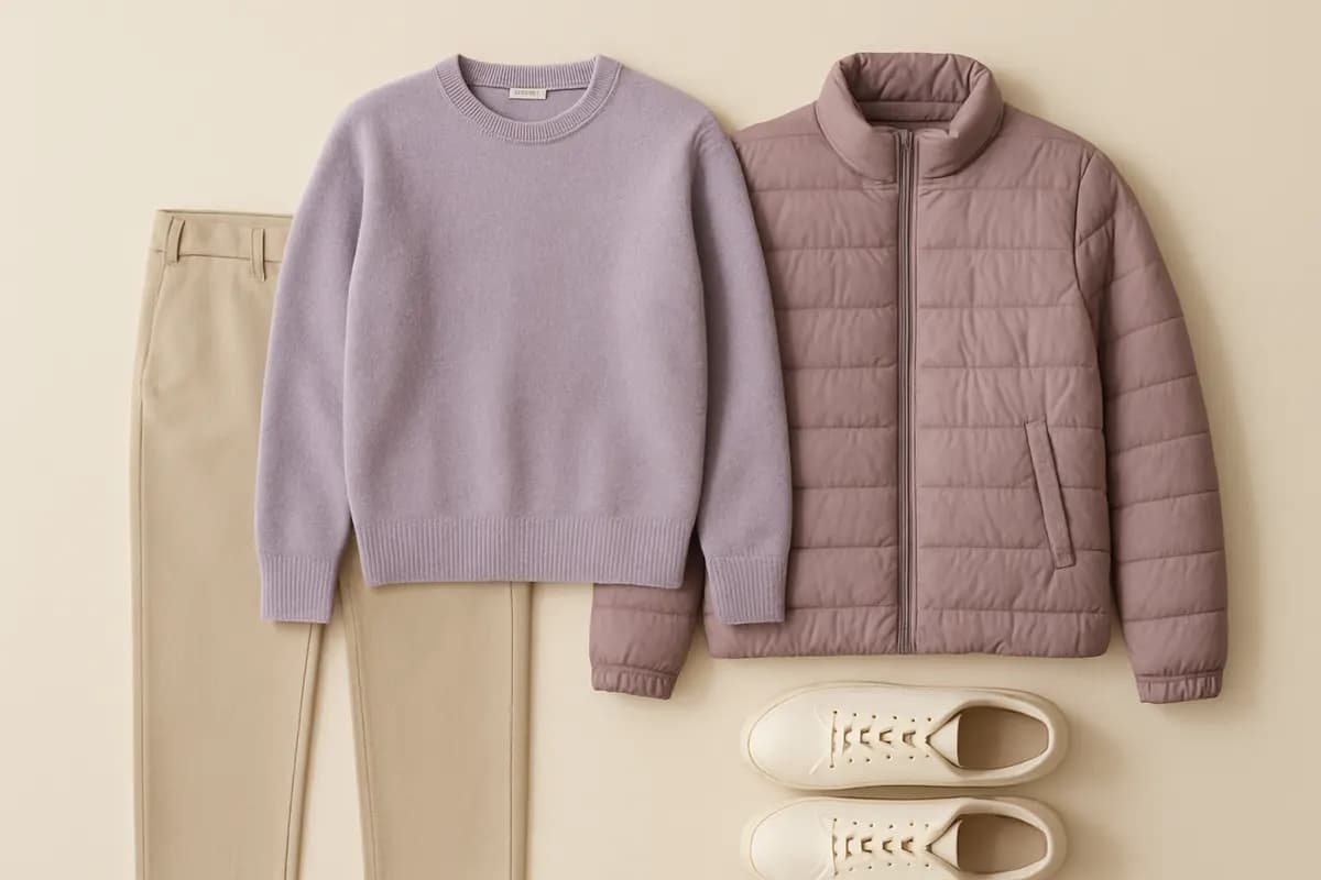 Outfit poskládaný naplocho — kalhoty, svetr, bunda, boty