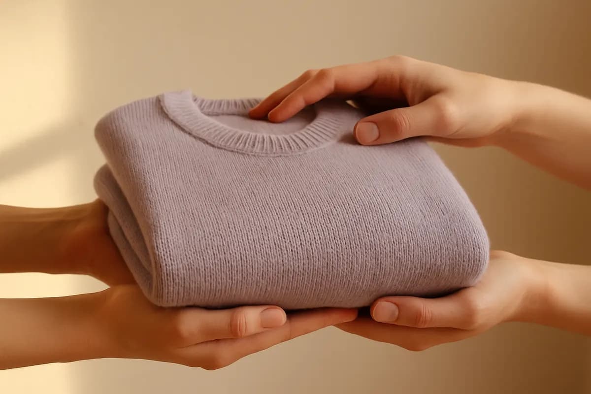 Ruce předávající složený svetr